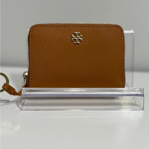 Authentic Tory Burch caramel coated leather coin/card case key ring - Picture 1 of 8
